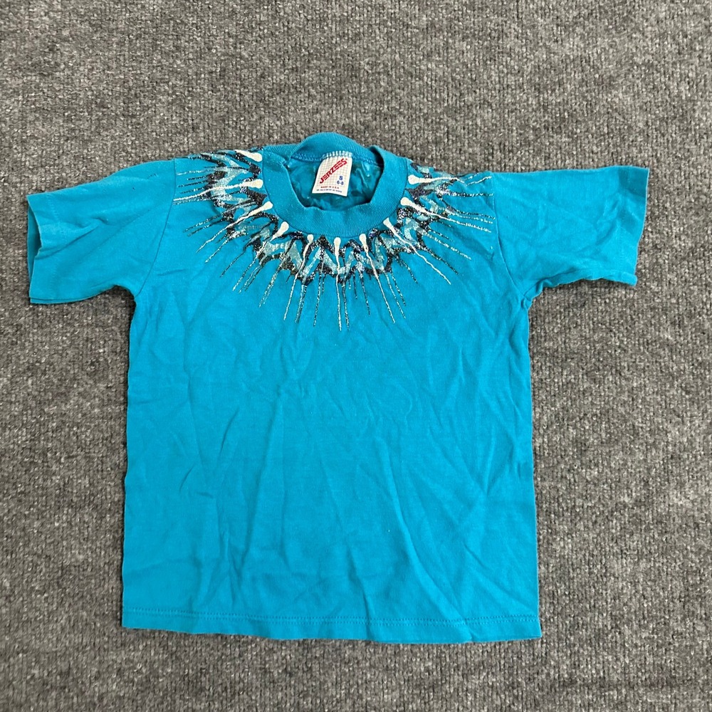 Jerzees T-Shirt Youth Size S 6-8 Turquoise Blue Glitter Sunburst Graphic